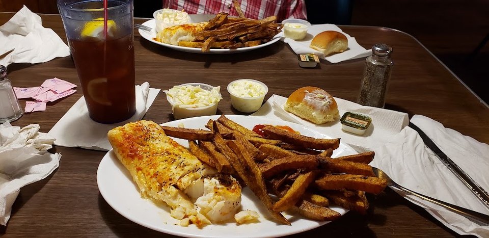 Baked Cod with French Fries and Coleslaw